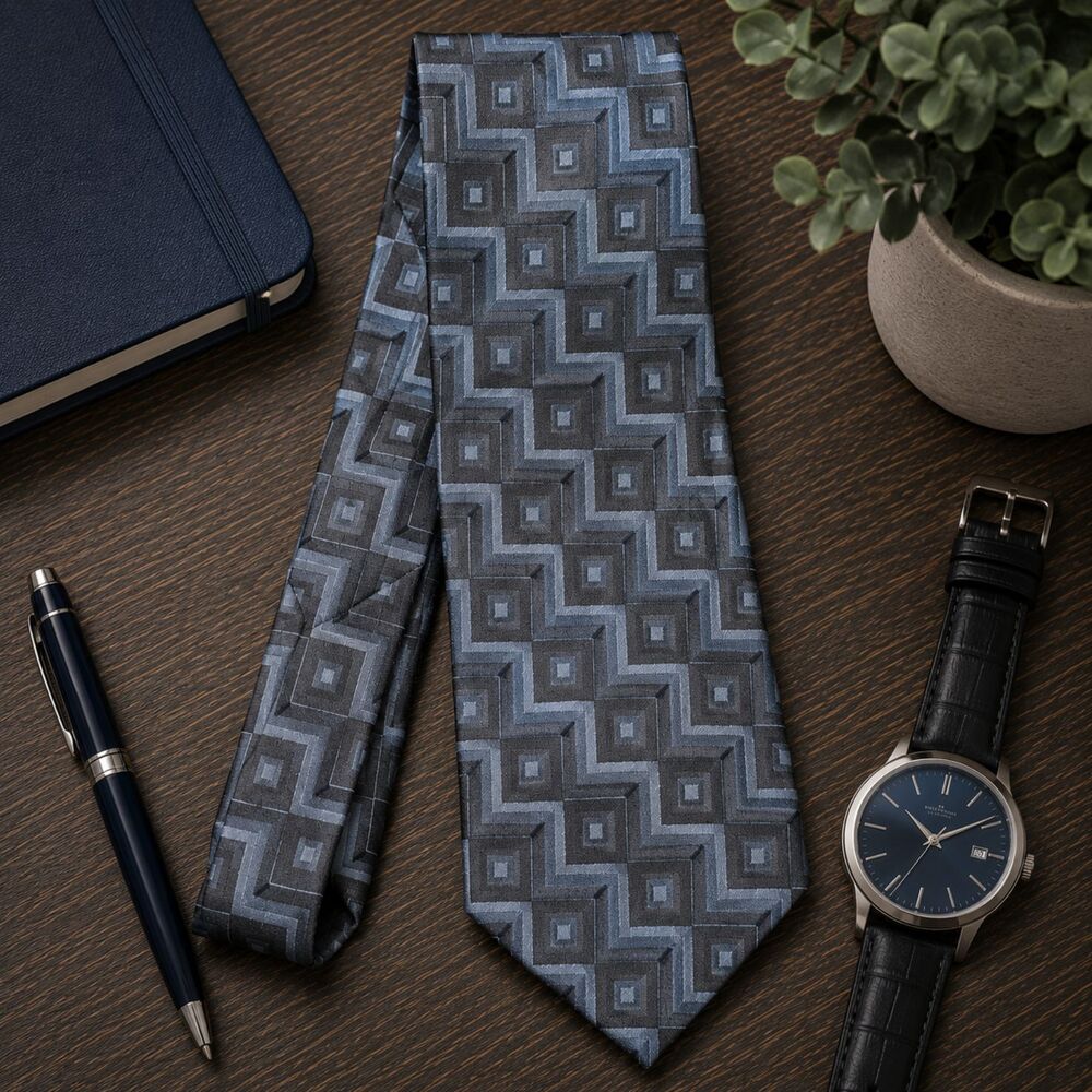 George Neck Tie Mens Blue Black Geometric Silk Elegant Suit Light Cubism (407)